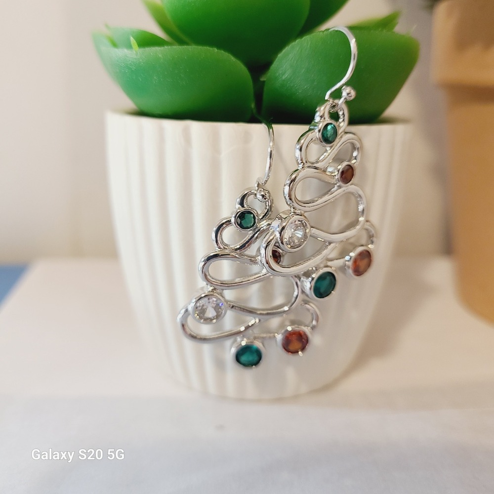 Sparkling Christmas Tree Dangle Earrings Festive Holiday Gemstones Silver Tone‎ - Picture 3 of 6
